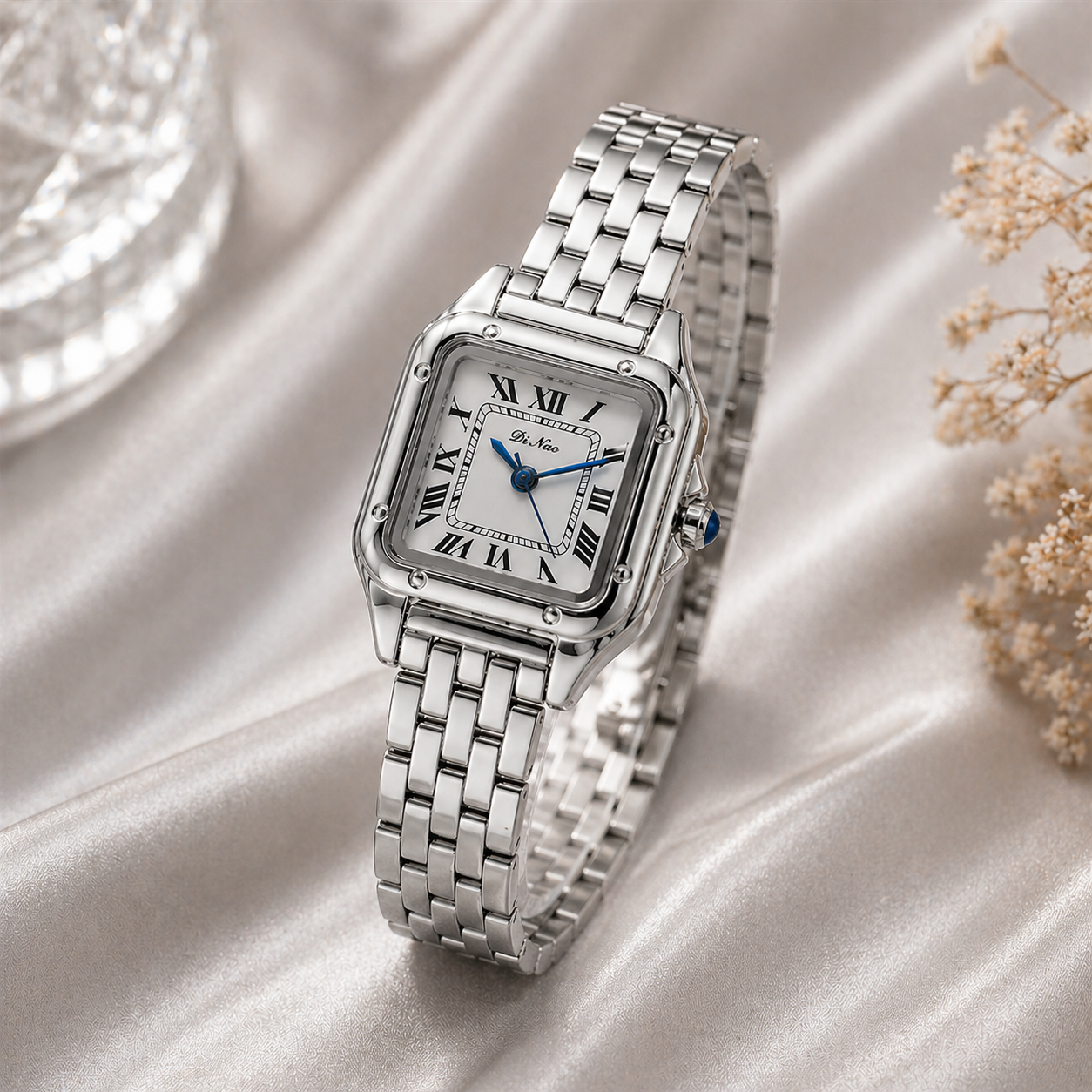 Elegante quadratische Quarzuhr mit Edelstahlband