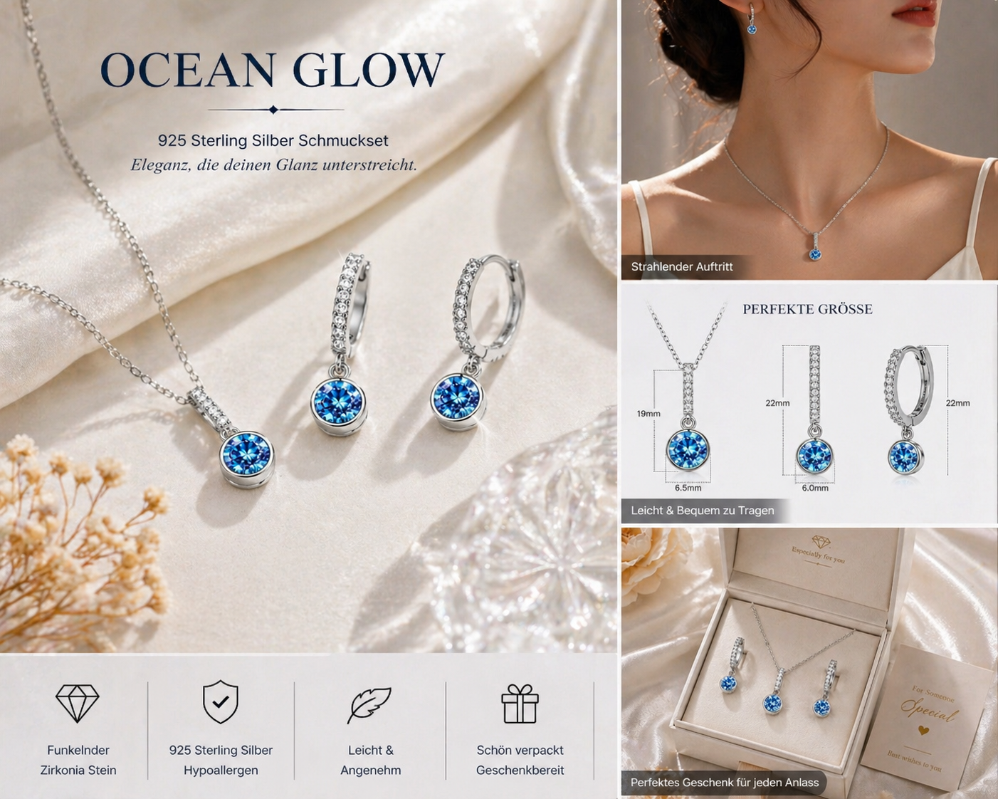 LUXARO Ocean Glow Schmuckset 925 Silber Halskette & Ohrringe