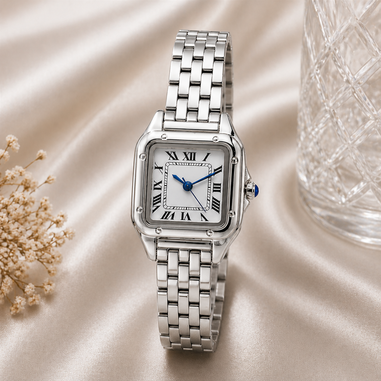 Elegante quadratische Quarzuhr mit Edelstahlband
