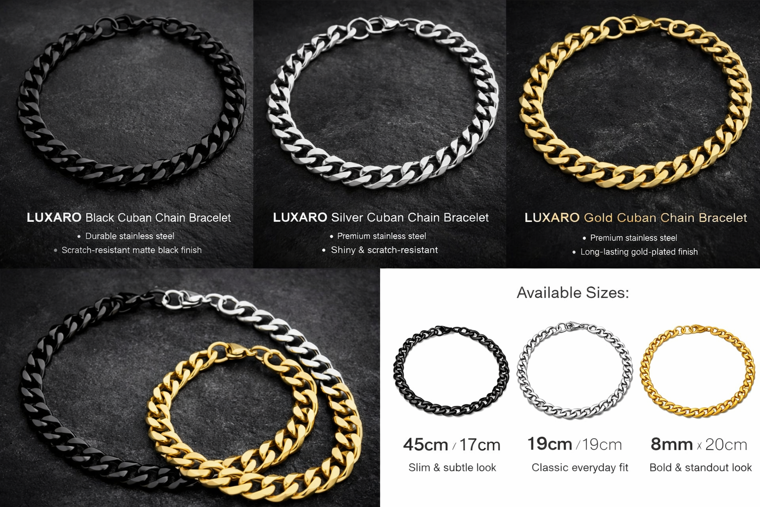 LUXARO Cuban Armband Edelstahl /Schwarz / Silber / Gold