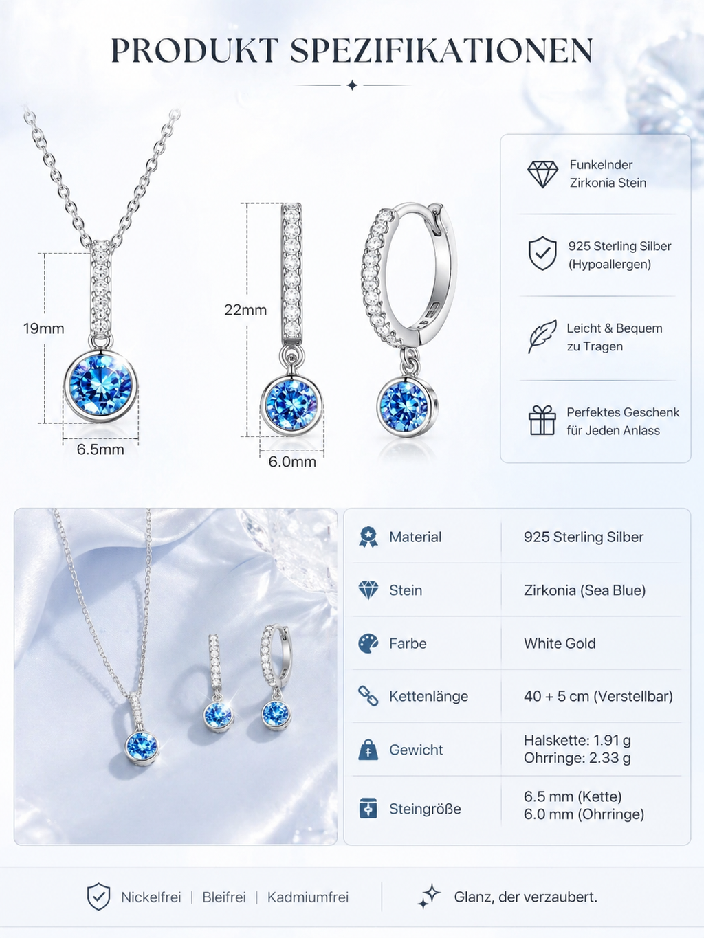 LUXARO Ocean Glow Schmuckset 925 Silber Halskette & Ohrringe