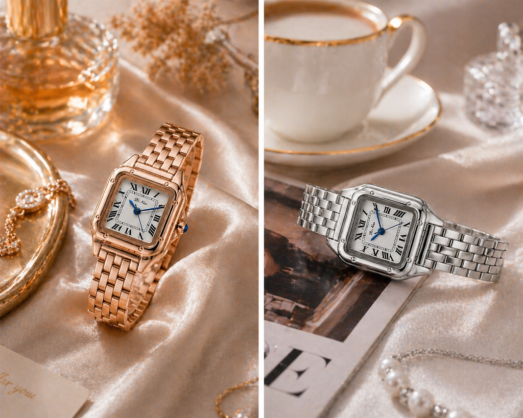 Elegante quadratische Quarzuhr mit Edelstahlband
