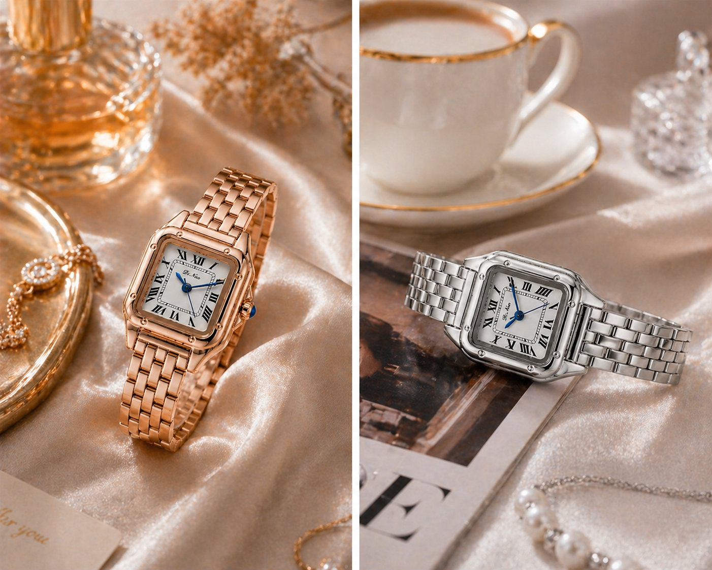 Elegante quadratische Quarzuhr mit Edelstahlband