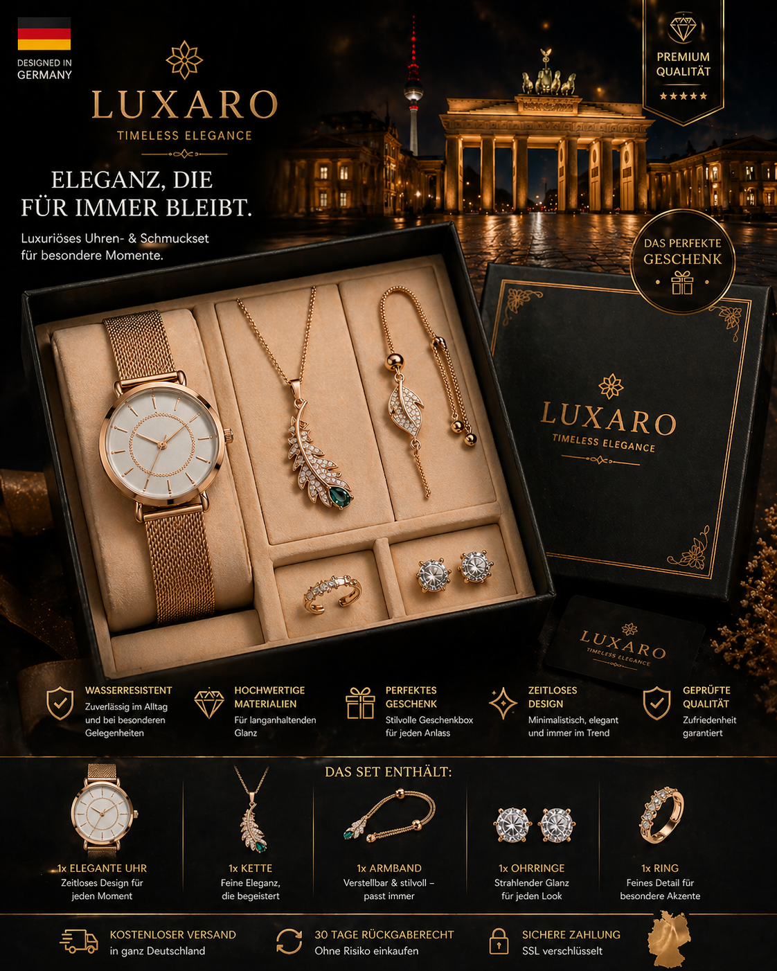 LUXARO Elegance Geschenkset Damen Uhr & Schmuck Set